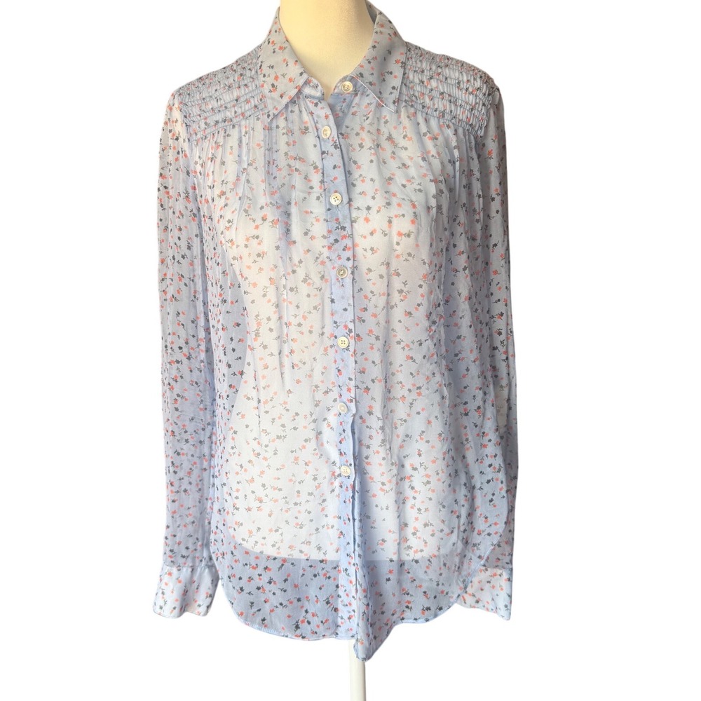 Veronica Beard Blue Ditsy Floral Smocked‎ Button Down Blouse Sheer Size 2